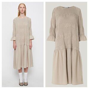 Just Female Etienne Smocked Midi Dress 3/4 Flare Sleeve Cream Grey Tan 34 XS